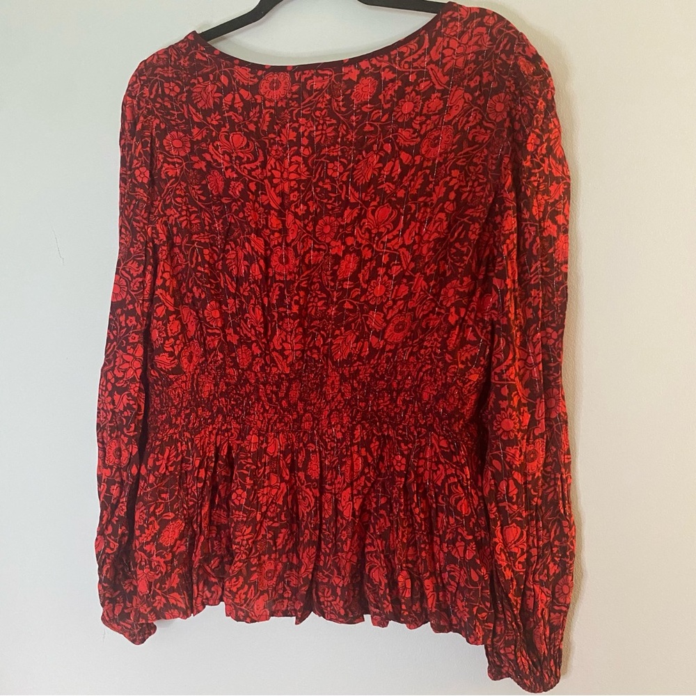 Knox Rose Red Floral Peplum Blouse Long Sleeve Balloon Size XXL - Picture 8 of 11